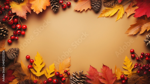 Frame of colorful red and yellow autumn leaves with cones and rowan berries on trendy beige background. First day of school, back to school, fall concept