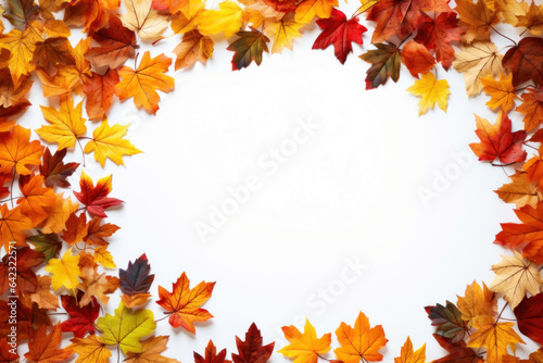 White background  Frame with many autumn leaves. Image to announce that there is an event  copy space.