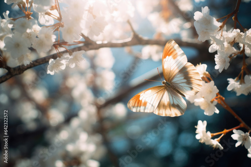 Little butterflies with fluffy wings on flowers , blur colorful background, spring morning light.