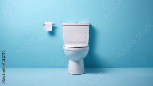 Minimal copy space. Toilet close up for blue background photo
