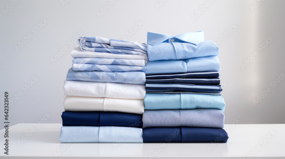 Folded clothes in stacks of various simple blue placed on a table on a light background Folded clothes in stacks of various simple blue placed on a table on a light background