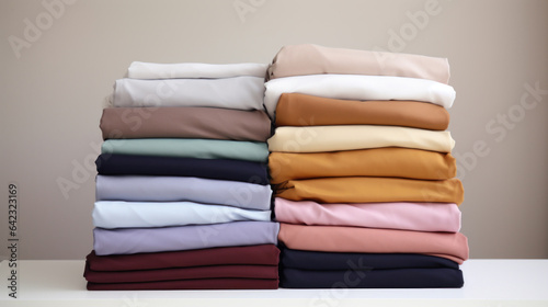 Folded clothes in stacks of various simple colors placed on a table on a white background