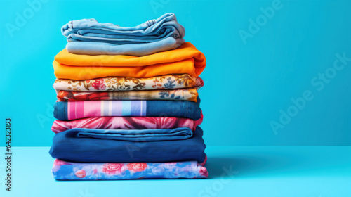 Stack folded colorful clothing summer clothes on blue background