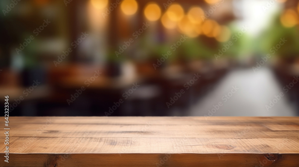 Wooden board empty table in front of blurred coffee shop background