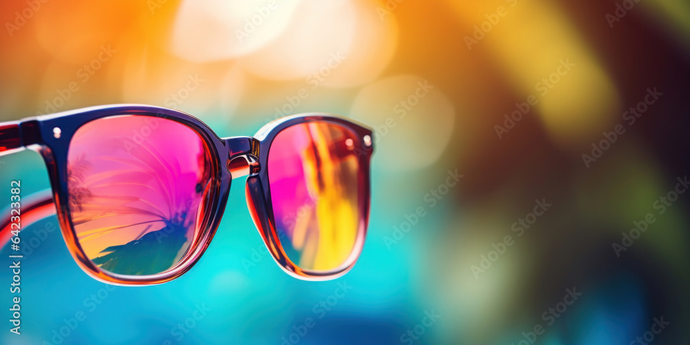 Minimal copy space edge of black sunglass. Colorful bokeh background Minimal copy space edge of black sunglass. Colorful bokeh background