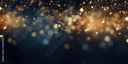 Christmas Golden light shine particles bokeh on navy background. Gold foil.