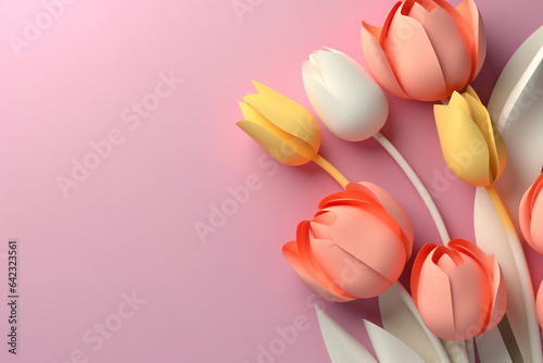 Bouquet of pink tulips on a purple background. paper cut 3d rendering