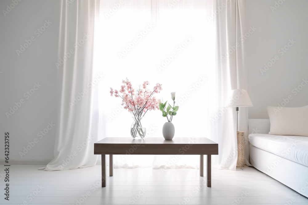 Interior of modern living room with white walls, concrete floor, white countertops and large windows Interior of modern living room with white walls, concrete floor, white countertops and large windows