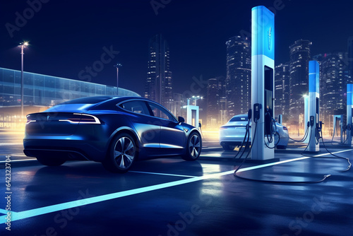 Electric car charging in the city at night. 3D rendering. © Creative