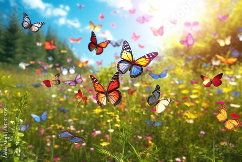 Summer meadow with wildflowers and butterflies. Nature background.
