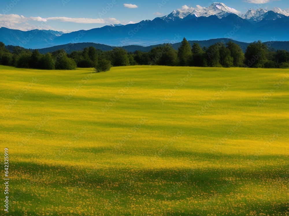 A peaceful green meadow with wildflowers and a distant view of the mountains
