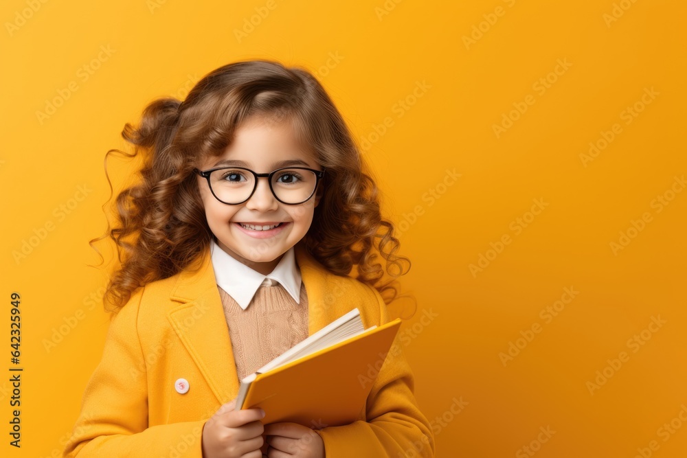 student girl wear glasses and bring book orange background student girl wear glasses and bring book orange background