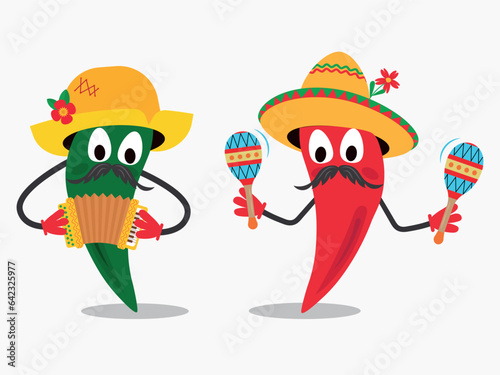 Cartoon red and green chili pepper and mustache wearing mexican sombrero,maracas and accordion