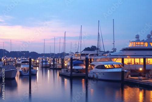 Boats and yachts moored to a pier at sunset