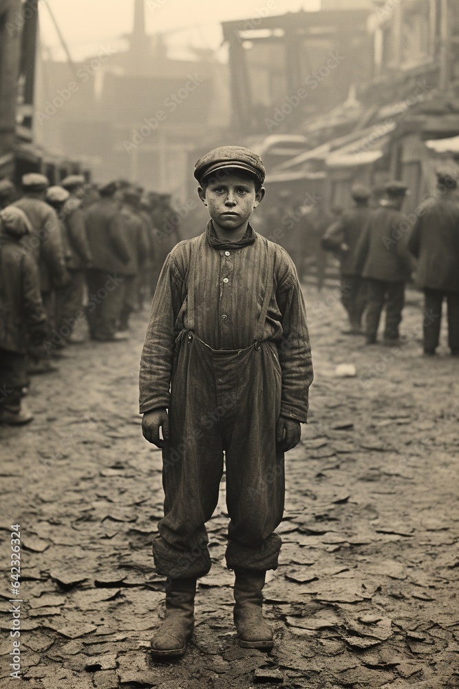 a child laborer around 1900 standing in front of a coal mine. 