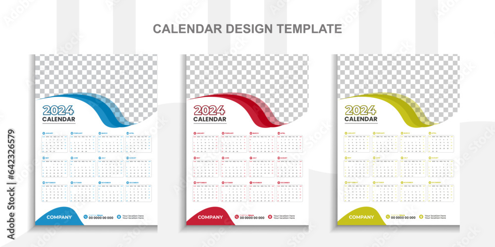 2024 Modern calendar design with place for photo and business or company logo. Creative calendar design vector layout with 3 colorful template.