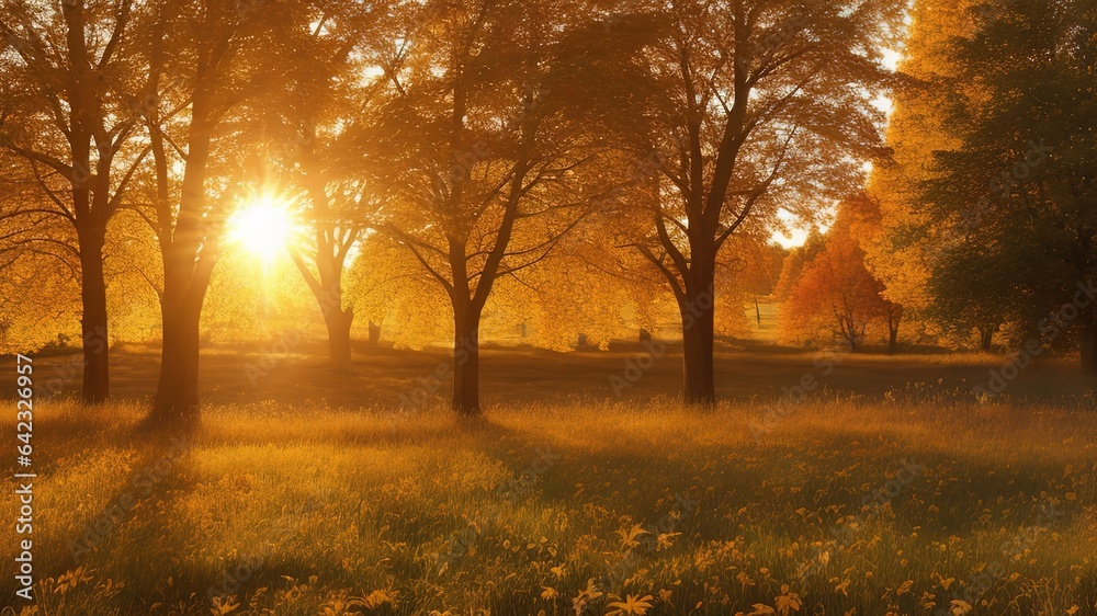 Autumn forest in the rays of the sun. Nature background.
