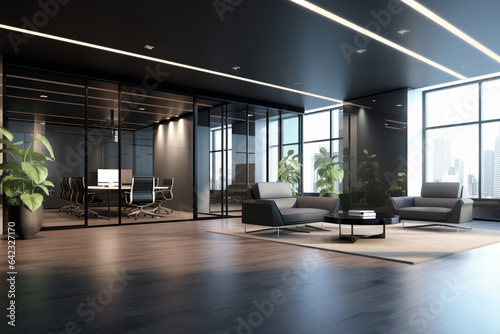 Interior of modern office with black walls, wooden floor, rows of computer tables and black armchairs. © Creative