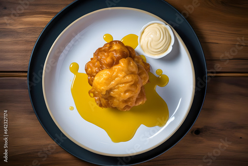 Golden fritter, fried dough treat served on a plate, top down
