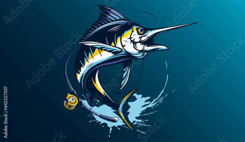 Marlin fishing logo vector  illustration. Swordfish fishing emblem isolated. Ocean fish logo. Saltwater fishing theme.