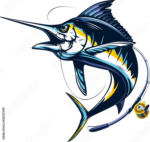 Marlin fishing logo vector  illustration. Swordfish fishing emblem isolated. Ocean fish logo. Saltwater fishing theme.