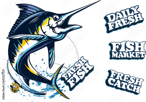 Marlin fishing logo vector  illustration. Swordfish fishing emblem isolated. Ocean fish logo. Saltwater fishing theme.