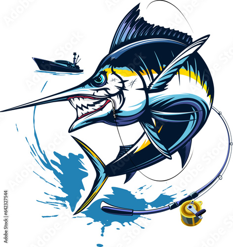 Marlin fishing logo vector  illustration. Swordfish fishing emblem isolated. Ocean fish logo. Saltwater fishing theme.