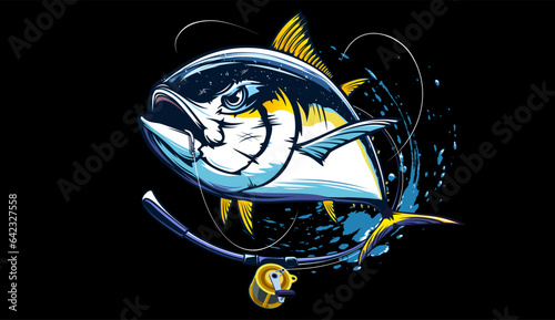 Tuna fishing logo vector  illustration. Tuna fishing emblem isolated. Ocean fish logo. Saltwater fishing theme.