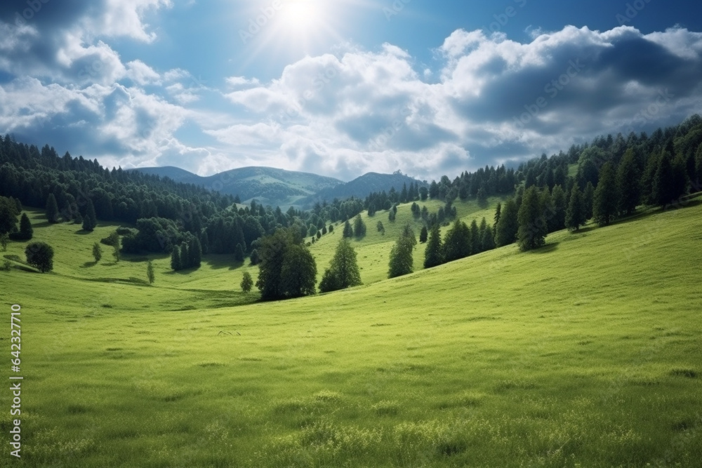 Beautiful summer landscape with green meadow and forest on hillside