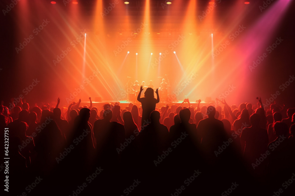 Silhouettes of concert crowd on stage. Concert background. Vector illustration