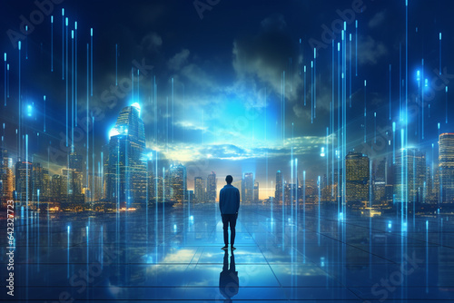 Back view of businessman looking at night city and binary code concept. 3D Rendering