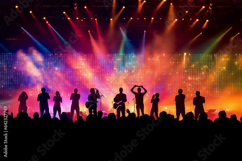 Silhouettes of concert crowd on stage. Concert background. Vector illustration