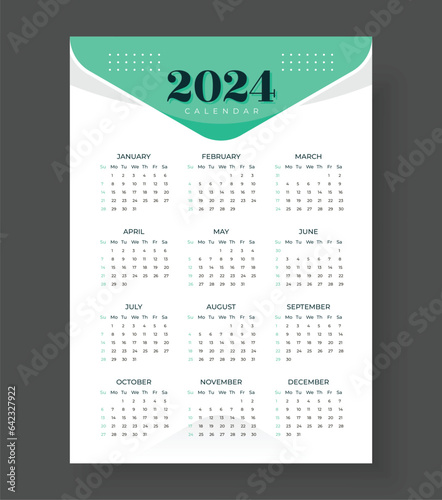 2024 wall calendar template one page design, Week start Sunday, Simple vertical calendar design template. Wall calendar in a minimalist style