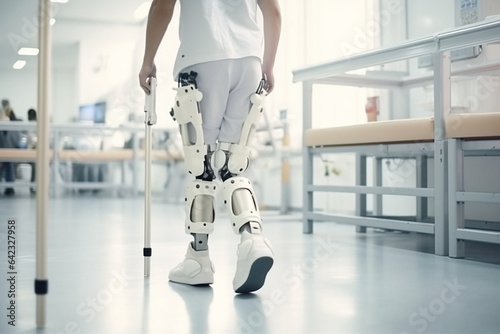 Robot walking on crutches in the hospital, closeup