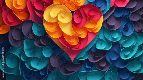 Paper cut out background with 3d effect heart shaped colorful