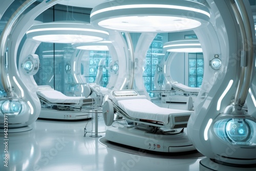 Futuristic white hospital with robots, glass and light