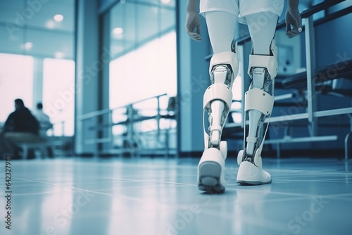 Robot walking on crutches in the hospital, closeup