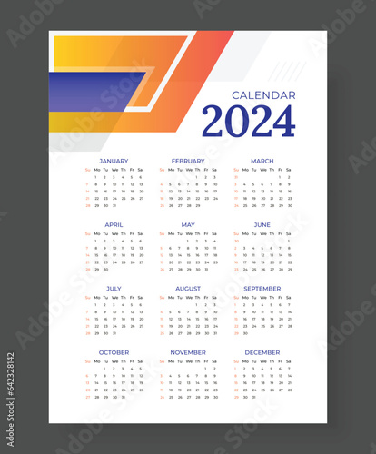 2024 wall calendar template one page design, Week start Sunday, Simple vertical calendar design template. Wall calendar in a minimalist style