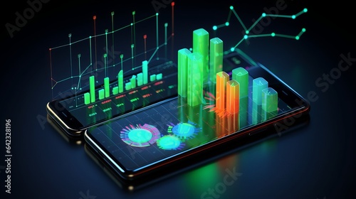 isometric smartphone with business graph and analytics data: software development, programming, and cross-platform testing concept photo