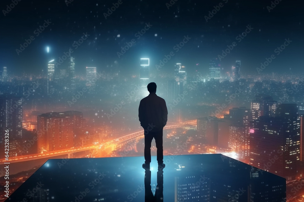 Businessman standing on table and looking at night city. Future concept Businessman standing on table and looking at night city. Future concept