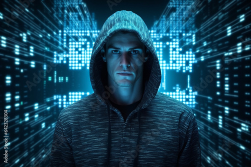 Hooded hacker with binary code on a dark blue background.