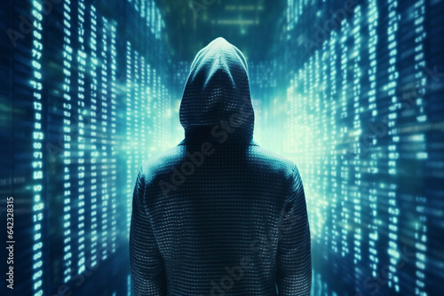 Hooded hacker with binary code on a dark blue background.