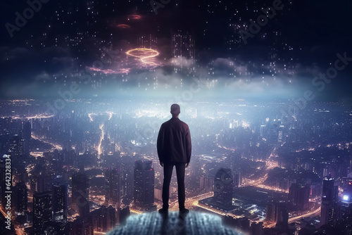 Businessman standing on table and looking at night city. Future concept © Creative