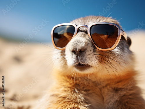 animal meerkat wearing sunglasses at beach 