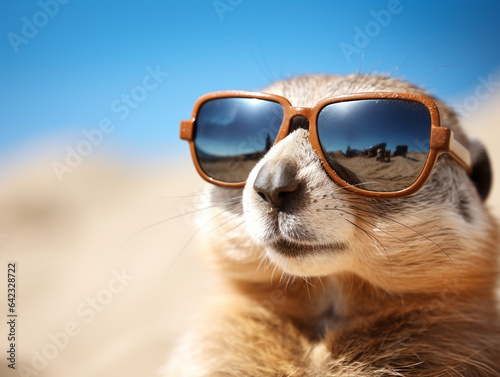 animal meerkat wearing sunglasses at beach 