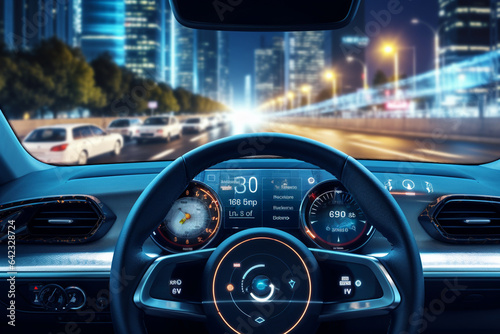 View of the night city from the inside of the car. Driving concept.