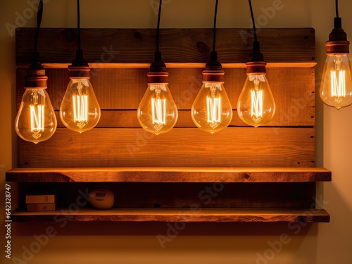 A rustic wooden shelf with vintage light bulbs in various sizes hanging from it, creating a warm and cozy atmosphere