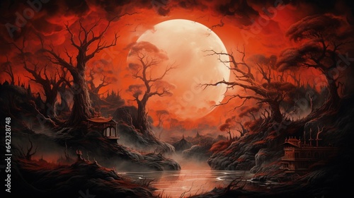halloween background landscape with moon with red orange hues and creepy trees. © W&S Stock
