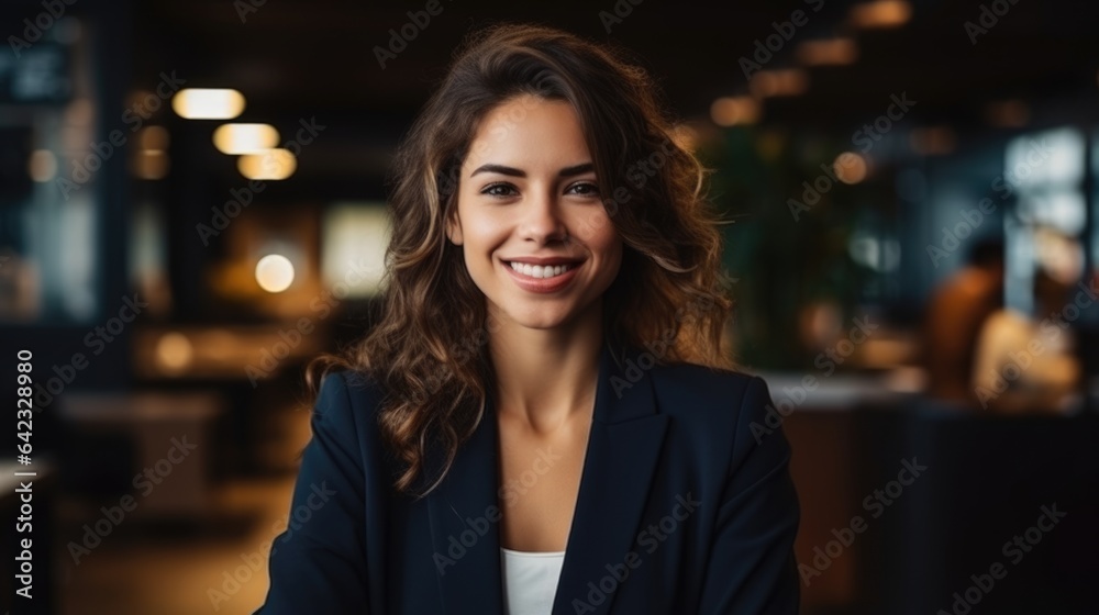 confident professional business woman standing in front of her business office. 