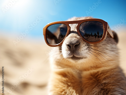 animal meerkat wearing sunglasses at beach 